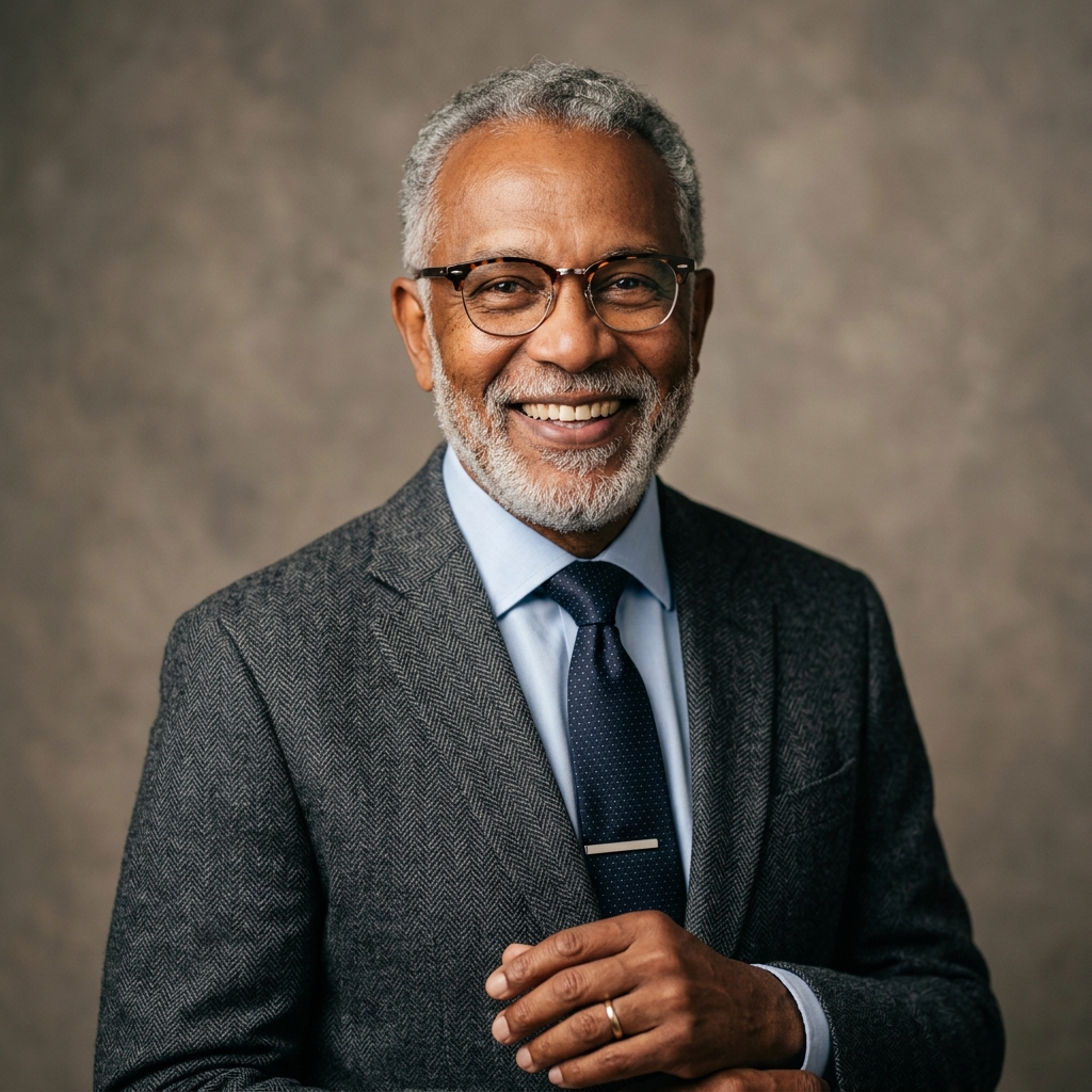 Sénior métissé élégant et souriant portant des lunettes de créateur Mage Optique & Services